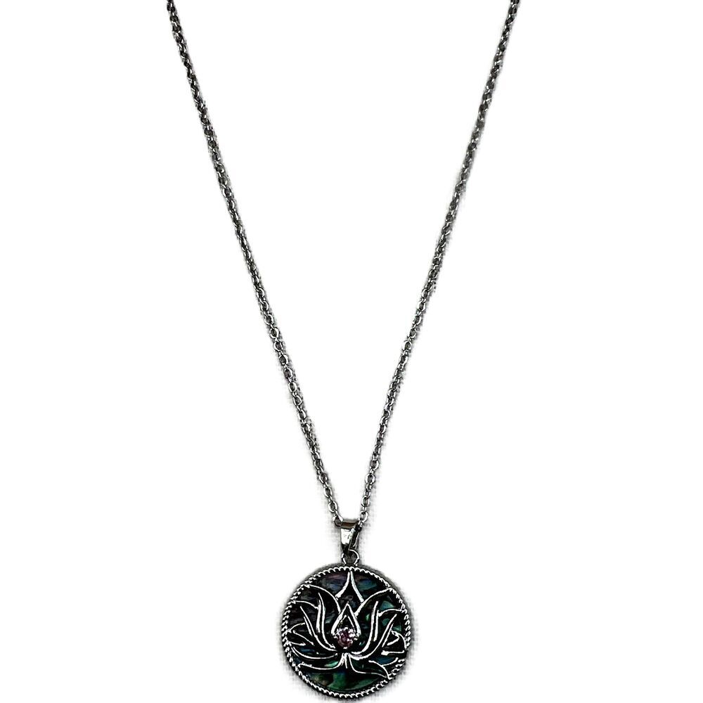 NEW Silver Abalone Shell Lotus Flower Round Pendant Necklace Womens - Picture 2 of 15